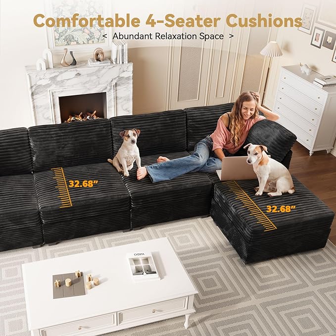 Modular Sectional Sofa, 130.7 Inch U Shaped Couch Set for Living Room, 4-Seater Comfy Cloud Couches with Two Movable Ottoman, Plush Corduroy, Black