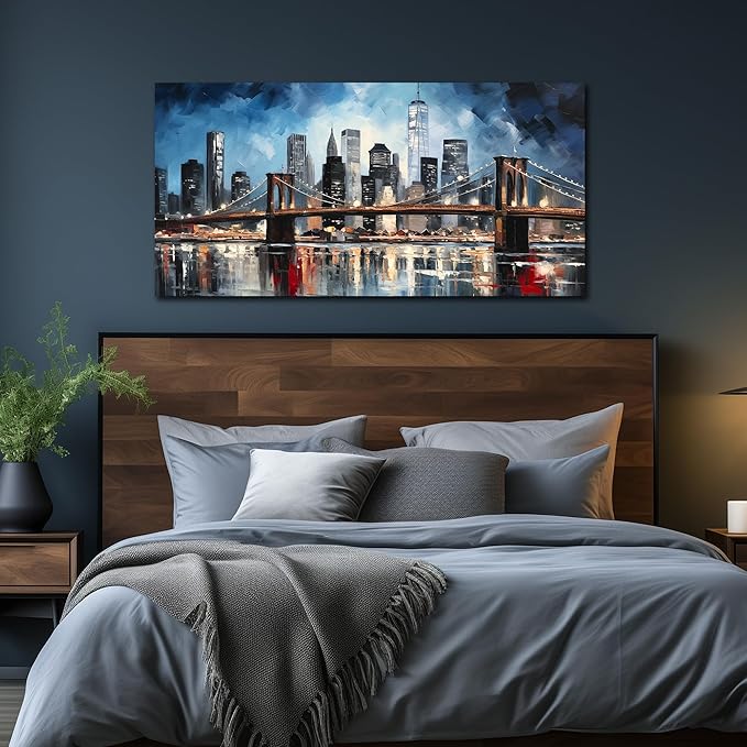 Brooklyn Bridge Wall Decor for Living Room City Canvas Wall Art for Office Blue and Black Bedroom Wall Art 24 x 48 Inch