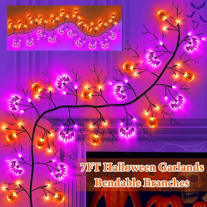 7 Ft 63 LED Halloween Willow Vine Twig Garland with 8 Modes Timer Orange Purple 21 Pumpkin Bats Lights,Halloween Garland with Waterproof Battery Operated for Indoor Wall Fireplace Decorations