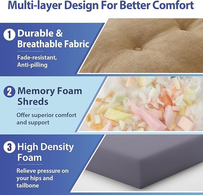 Chair Cushions for Dining Chairs, Dining Chair Cushions, Tufted Indoor Chair Pads with Ties & Non Slip Backing, Seat Cushions for Kitchen Chairs 16.5” x 16.5” x 3.5”, Set of 6, Khaki