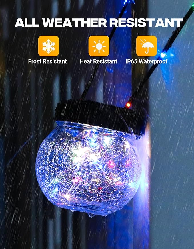PARTPHONER Solar Lantern Solar Lights Outdoor Waterproof 18-Pack, Solar Powered Hanging Lights Cracked Glass Hanging Globes for Christmas Decoration, Shepherd Hook, Garden Tree Ornaments, Multi-Color