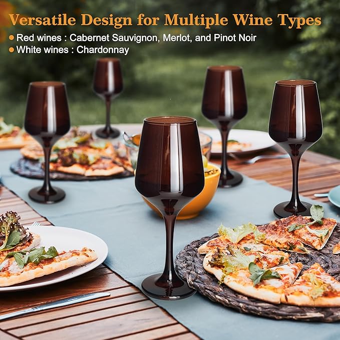 Brown Wine Glasses Set of 6-12oz Brown Long Stem Wine Glass Cups, Pretty Crystal Glassware, Hand Blown Goblets Drinkware, Unique Drinking Stemware Holiday Gift Set