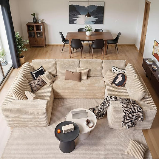 Cloud Sectional Couches for Living Room,U Shaped Modular Sofas No Assembly,135x79 Inches Plush Corduroy Oversized Floor Couch Set with Deep Seat Chaise,Beige