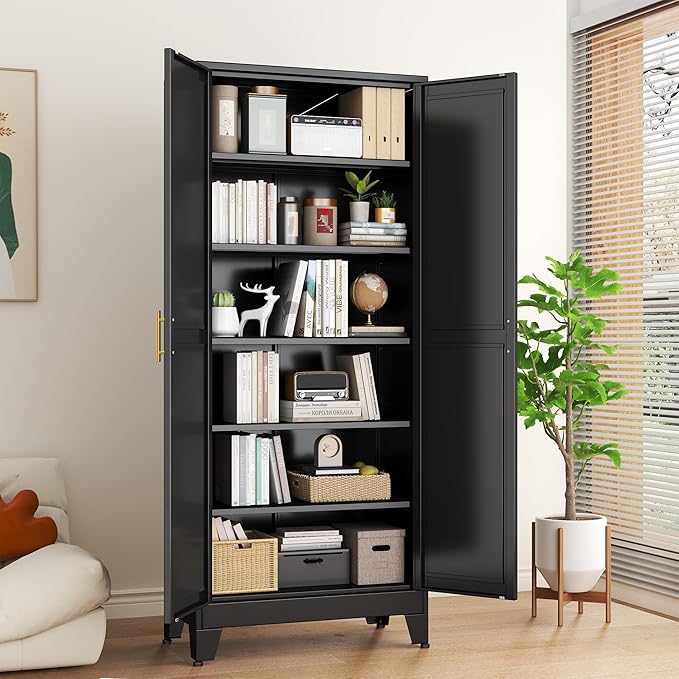 Black Metal Storage Cabinet,75" Steel Cabinets for Home Office, Kitchen Pantry Storage Cabinet with Doors and 5 Adjustable Shelves, Tool Cabinets, for Office, Home, Garage, School