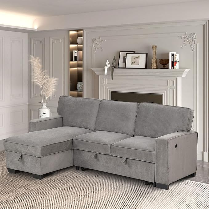 EBELLO Convertible Sleeper Sofa 3 in 1, Chenille Modern L-Shaped Couches for Living Room, Pull Out Sectional Futon Sofa Bed with Storage Space, USB Ports and Cup Holders for Bedroom, Grey
