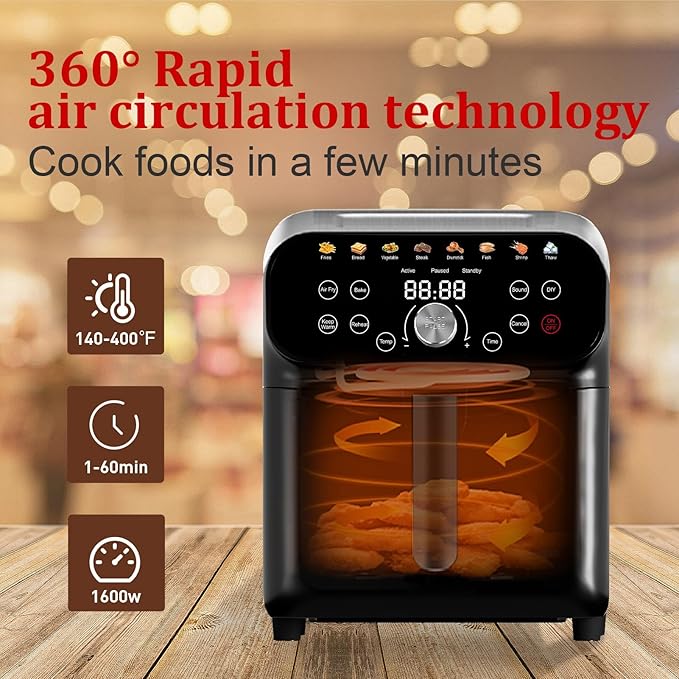 Air Fryer, 6.2QT Air Fryer Oven with LED Digital Touchscreen, 12 Preset Cooking Functions Air fryers, Bake, Reheat, Keep Warm, Nonstick and Dishwasher-Safe Basket, Stainless Steel/Black