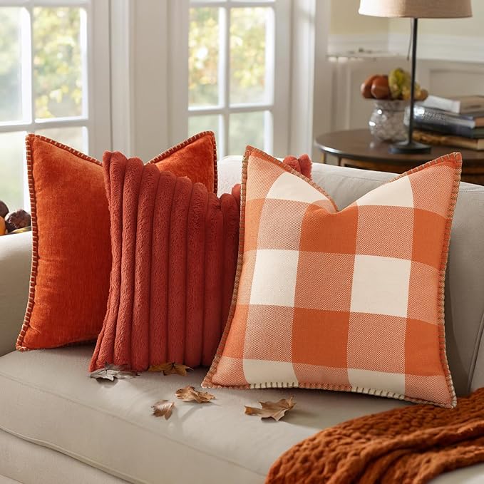 decorUhome Fall Orange and White Decorative Throw Pillow Covers 22x22 Set of 2, Buffalo Plaid Check Farmhouse Cushion Covers with Stitched Edge for Autumn Harvest Couch Sofa Bed Home Decor
