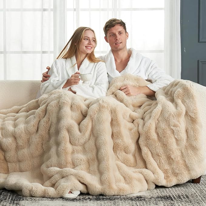 Cozy Bliss Faux Fur Throw Blanket for Couch, Fuzzy Soft Plush Thick Bubble Blanket for Sofa Bedroom Living Room, 50 * 60 Inches Beige