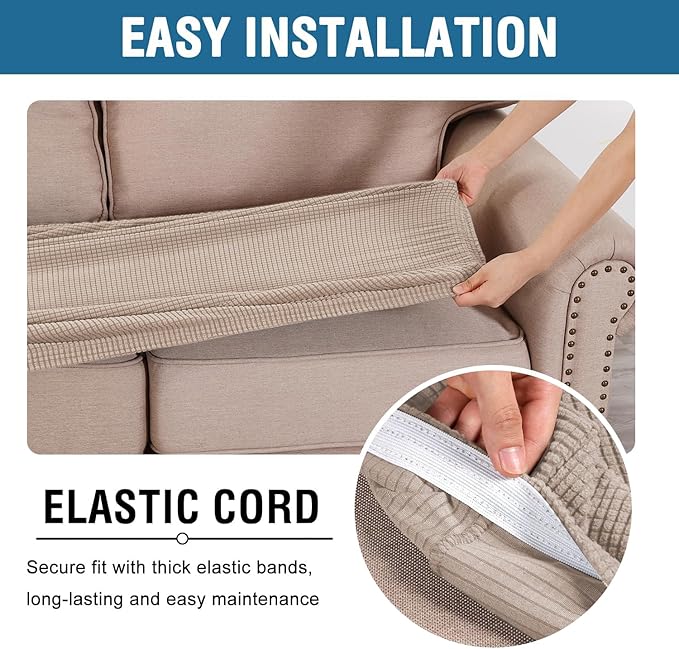 H.VERSAILTEX Super Stretch Individual Seat Cushion Covers Sofa Covers Couch Cushion Covers Slipcover Sets Thick Jacquard Textured Twill Fabric (2 Piece Medium Sofa Cushion Covers, Sand)
