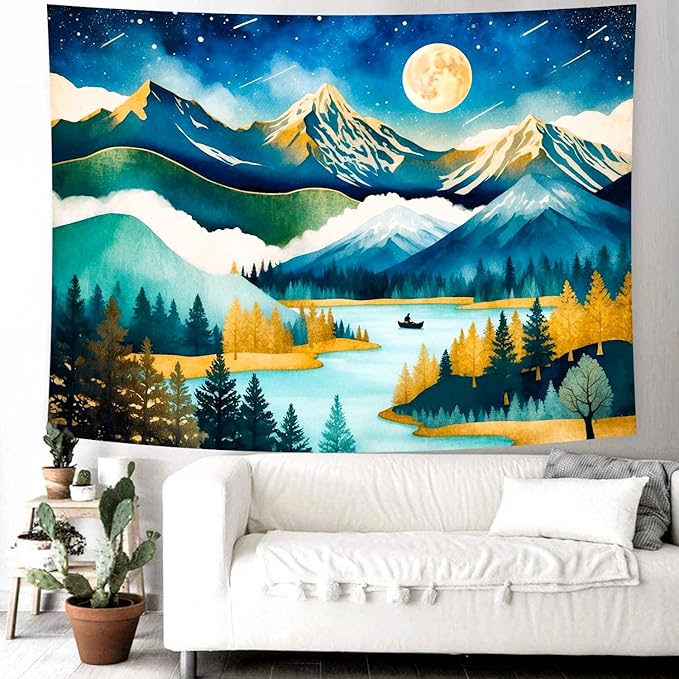 Delur Mountain Tapestry Boho Moon Stars Starry Night Tapestry Wall Hanging Forest Tree Nature Landscape Psychedelic Headboard for Bedroom Living Room Home Decor (51.2" x 59.1")