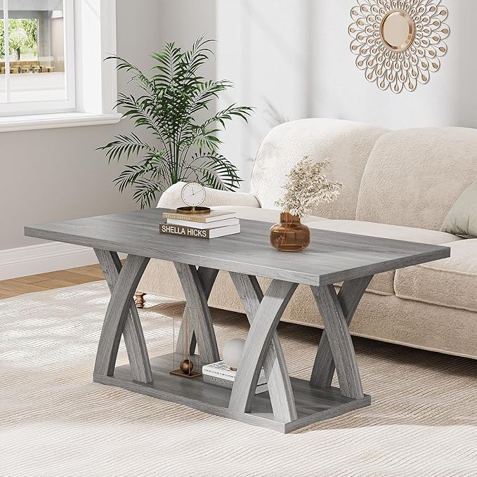 47” Wood Coffee Tables for Living Room Rustic Stands with Storage Shelf Grey Coffee Tables for Living Room Farmhouse Center Stands with Shelf Farmhouse Rectangle Center Table