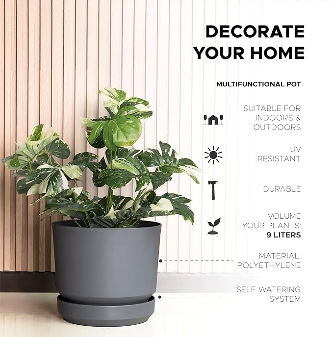 Elly Décor 10 inch Plastic Cylinder Planter Pot with Self-Watering Saucer and Drainage Hole,Lightweight & Extremely Durable, 10"x 10", Light Gray