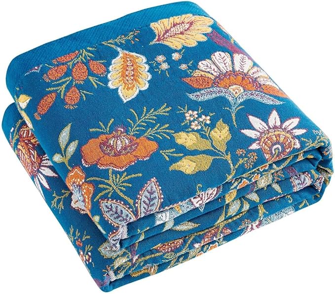 Fall Throw Blanket for Couch, Blue Boho Decorative Throw Blanket, 100% Cotton Muslin Breathable Woven Farmhouse Blankets Quilt, 50"x60" Reversible Lightweight Blankets Bohemian Throw Quilt