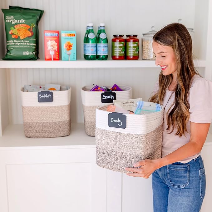 NaturalCozy 13 Inch Cube Storage Bins Cotton Rope Woven Baskets for Organizing 3-Pack | 13 x 13 Storage Cubes | Fabric Square Storage Baskets for Shelves Organizer, Kids Toy Bins, Closet Baby Nursery