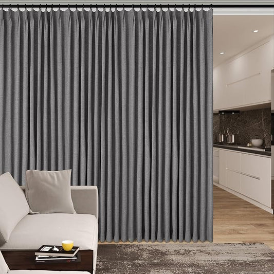 Extra Wide 100% Blackout Linen Textured Curtains - Room Dividers, W200 x L84 (1 Panel), Pinch Pleat Drapes for Living Room, Full Light Block Out Drapery for Sliding Door, Gray