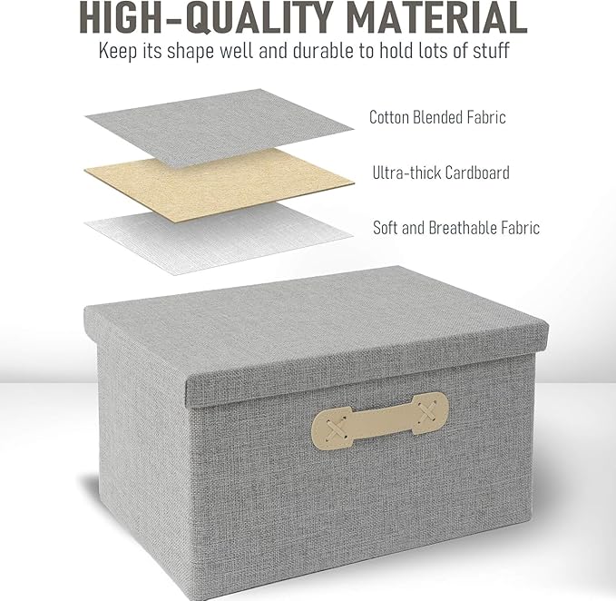 Enzk&Unity Decorative Storage Boxes with Lids, 3 Pack Grey Fabric Storage Bins with Handle, Foldbale and Stackable Storage Boxes for Shelf, Closet, Bedroom, Living Room