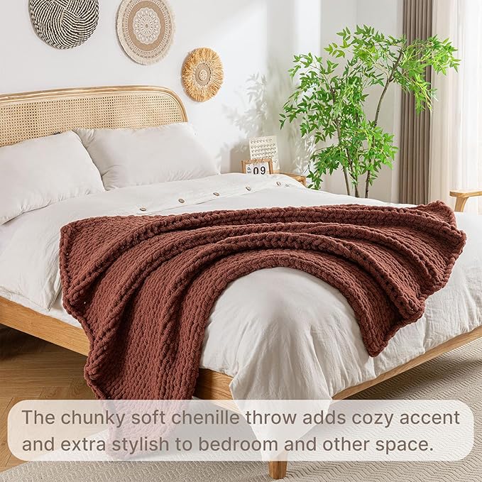 Chunky Knit Blanket Throw, 100% Hand Knit Throw Blanket Handmade Chenille Cable Knit Throw for Couch, Stylish Cozy Soft Rope Knot Crochet Blanket for Home Decor, Copper Brown, 50x60 Inches
