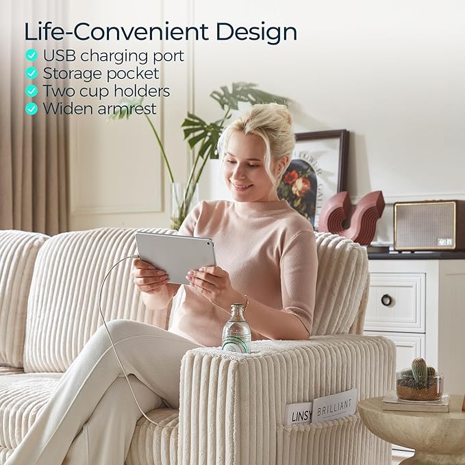 LINSY HOME Sectional Sleeper Sofa with Pull Out Couch Bed - Convertible Plush Corduroy Cloud Couches with Storage Chaise & USB Charging, Comfy Modular Couch for Living Room, Beige