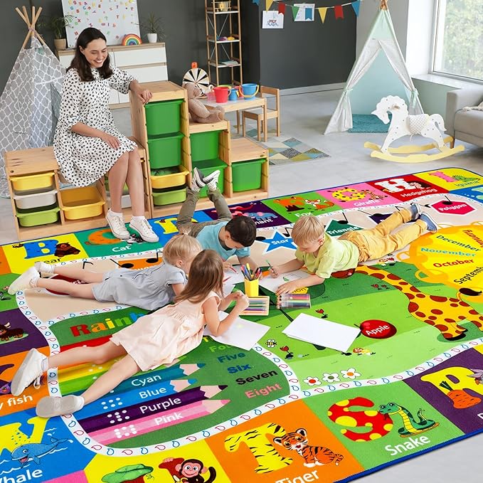 9x12 Washable Area Rug, Educational and Fun Kids Rug for Classroom Playroom Living Room Bedroom, Learning and Safe Playmat with ABC Alphabet Animals,Baby Toddler Children Play Mat