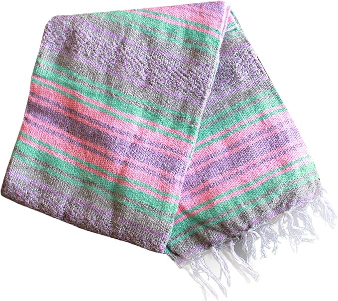Del Mex Classic Mexican Blanket, Large Authentic Woven Falsa Throw (70"x50"), Artisan Southwest Décor for Beach, Yoga, Outdoors (Mint/Pink/Gray)