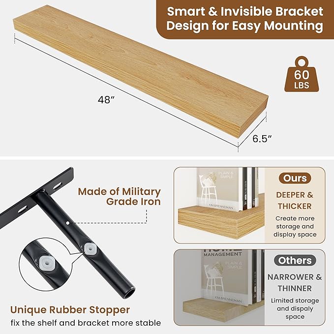 fuqing Floating Shelves for Wall, Bathroom Shelf Wall Mounted for Storage, Shelves with Invisible Bracket for Bedroom, Kitchen, Living Room, Farmhouse Small Book Shelf, 48 Inch Set of 2, Oak