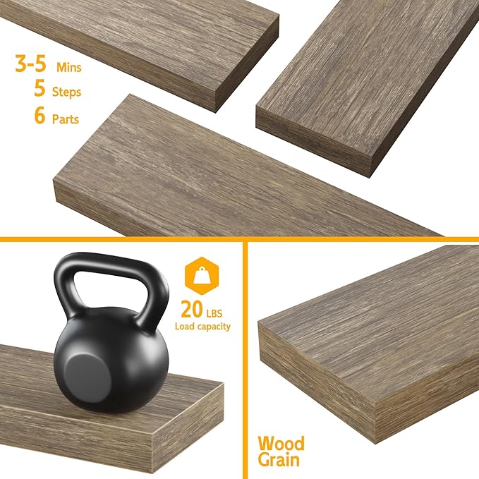 BAMEOS Floating Shelves,Wall Mounted Wooden Shelves with Invisible Brackets Set of 2, Hanging Wall Shelves Decoration for Bedroom, Bathroom, Living Room and Kitchen