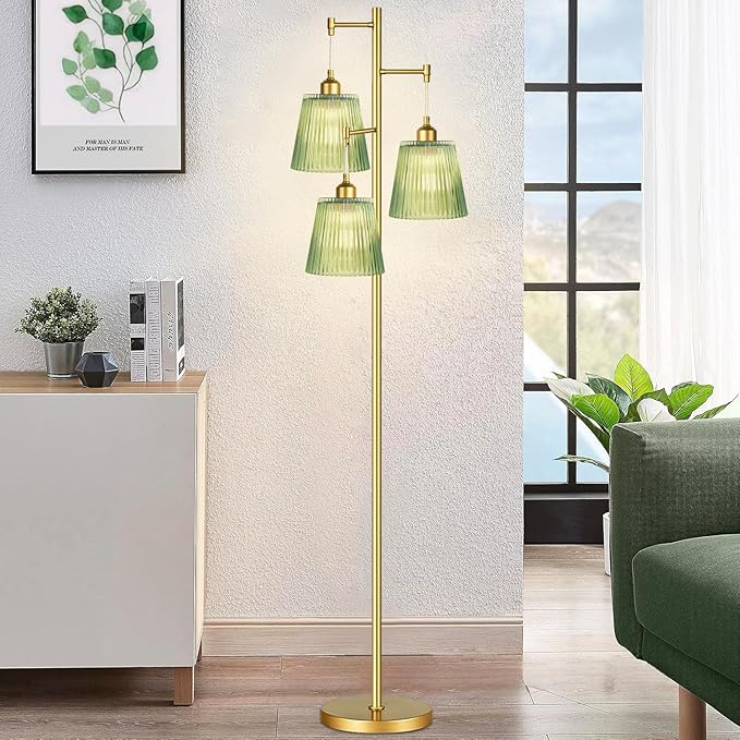 Gold Floor Lamp for Living Room,Bedroom,Mid Century Modern Standing Lamp Brass Tree 3 Light Tall Floor Lamps Vintage Retro Floor Lights Glass Green Flower Lamp Shade Farmhouse Boho Bohemian