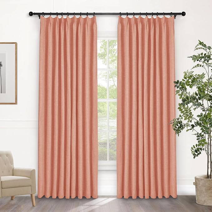 Macochico Pinch Pleated Blackout Linen Curtains 96 Inches Long 100% Light Blocking Burlap Curtains for Bedroom Living Room Thermal Window Panels with Tieback 72”Wx96”L Orange 1 Panel