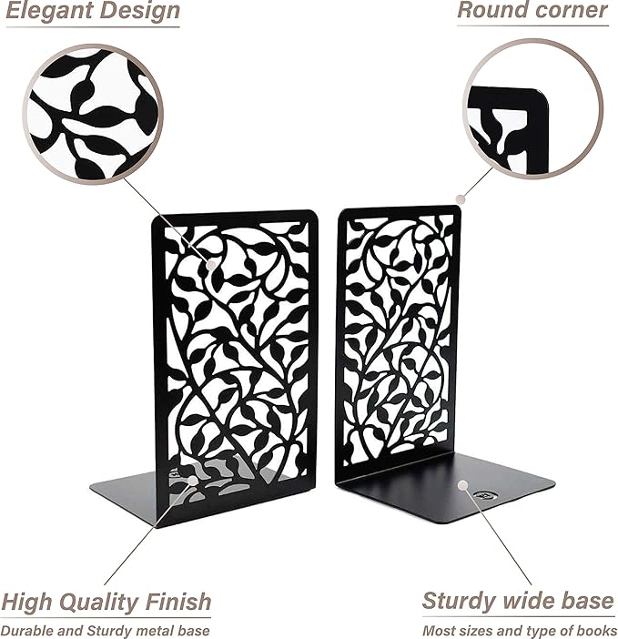 CNK Book Ends for Shelves - Metal Holders for Home Office Heavy Books, Shelf Stoppers, Decorative Set of 2 Black Infinite Leaves Bookends