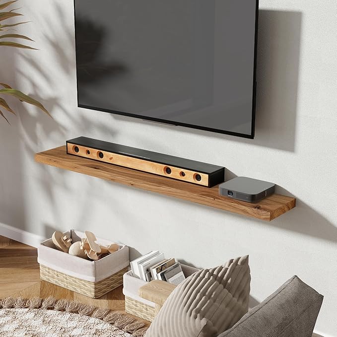 55" Floating Shelves for Wall, Rustic Elm Wood Floating Shelf for Home Decor, Wall-Mounted Display Shelves with Heavy-Duty Bracket, Long Floating Shelf for Bathroom, Kitchen, Natural Color