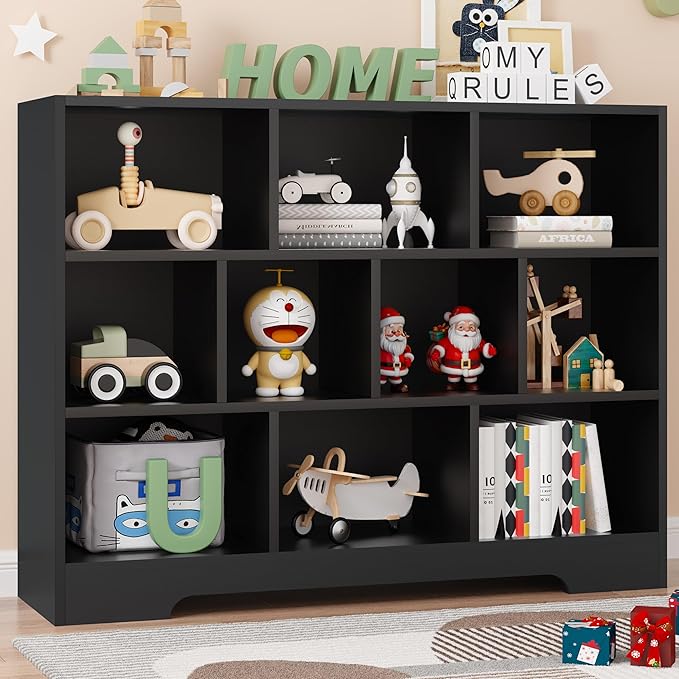 Book Shelf, 10 Cubes Storage Organizer, Freestanding Black Bookshelf Cube Shelf for Bedroom, Living Room, 3-Tier Open Bookshelf Wooden Bookcase