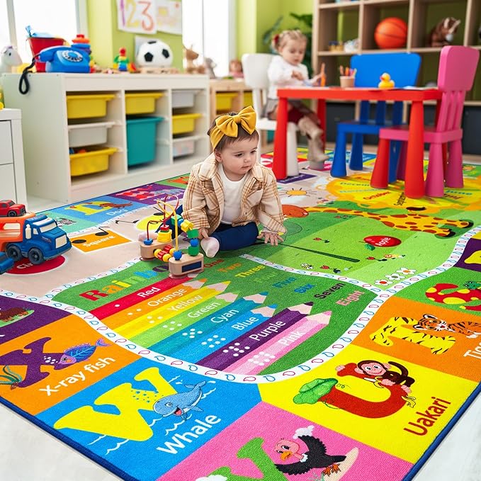 7x10 Playroom Rugs for Kids Washable, Educational and Fun Playmat with ABC Alphabet Animals Shapes Colors, Non-Slip Play Mat Learning Rugs for Baby Toddler Children Game Activity