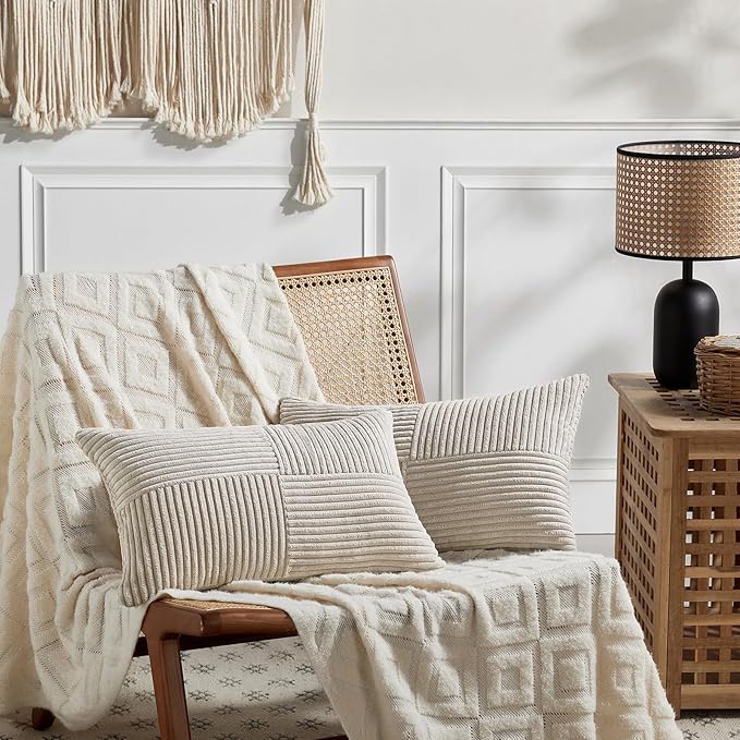 Fancy Homi 2 Packs Neutral Taupe Long Lumbar Decorative Throw Pillow Covers 16x24 Inch for Couch Bed, Rustic Farmhouse Boho Home Decor, Soft Striped Corduroy Rectangle Accent Cushion Case 40x60 cm