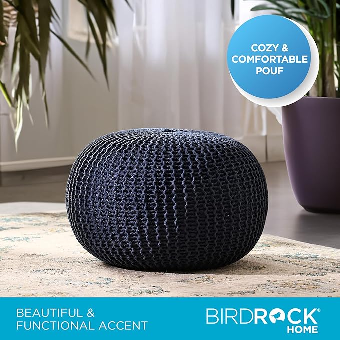 BIRDROCK HOME Round Pouf Ottoman | Cotton Braided Foot Stool with Bean Bag Filling | Boho Foot Rest for Living Room & Bedroom | Compact & Comfortable Seating, Lightweight & Soft | Navy