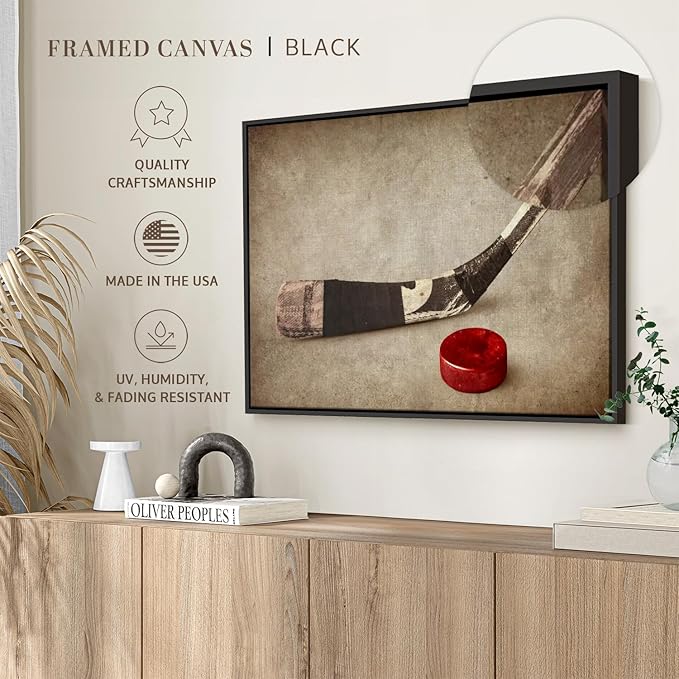 Elephant Stock Vintage Ice Hockey Wall Art - Horizontal Framed Canvas - 1-Piece Hallway Wall Decor - Photography Sports Canvas Print - Brown and Beige Decor for Wall - 31" X 21"