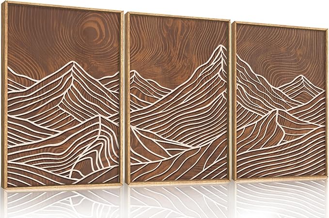 HPINUB Line Style Mountain Framed Canvas Wall Art Set, Vintage Tree Rings Wall Decor, Abstract Tree Spiral Wall Painting, Modern Nature Art Prints for Living Room,Bedroom,Farmhouse-16 x24 x3