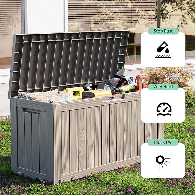 75 Gallon Resin Deck Box, Lockable Outdoor Storage Box for Patio Cushions Storage Furniture,Garden Tools, Pool Supplies, Weatherproof and UV Resistant (Grey)