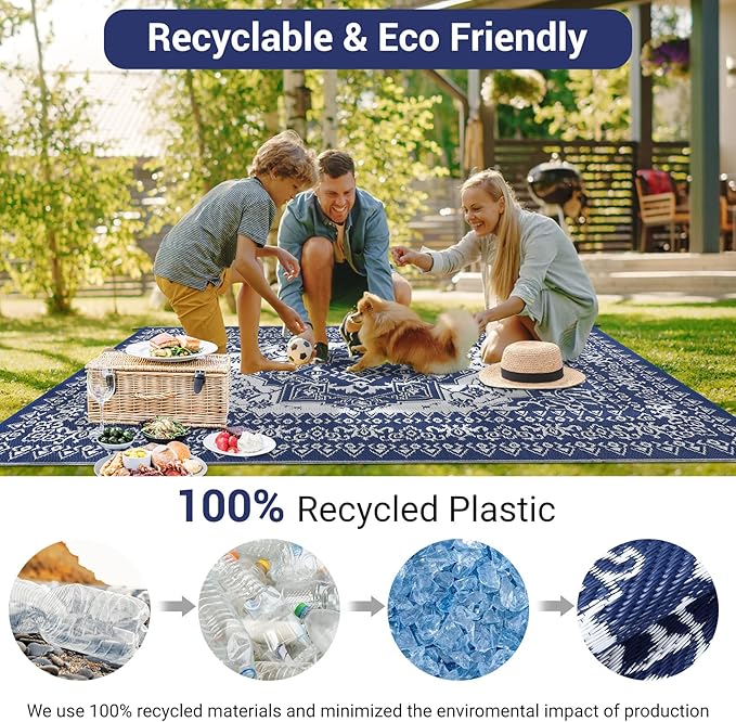 GAOMON Outdoor Rugs for Patio 9x12 Waterproof Reversible Plastic Straw Rug, Large UV-Resistant Portable RV Camping Mats, Indoor Outdoor Medallion Carpet for Deck Porch Garden, Dark Blue & White