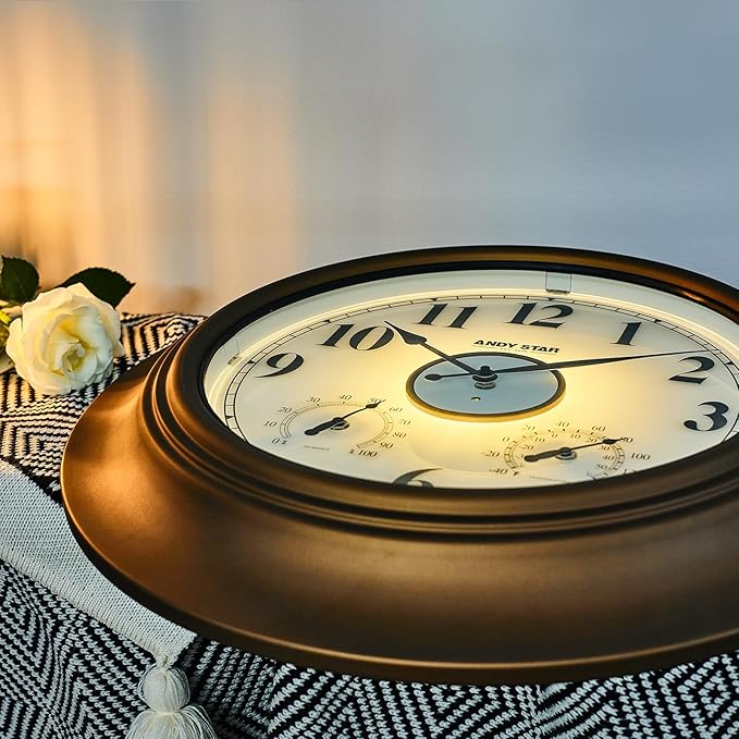 Andy Star 21 Inch Large Luminous Outdoor Wall Clock Waterproof with Temperature, Vintage Round Wall Clocks Battery, Oversized Pool Clock for Garden Patio Rustic Bronze Finish Silent Non Ticking Clock