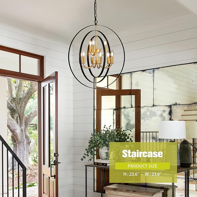 9-Light Globe Rustic Metal Chandelier, 23.6" Black Gold Adjustable Hanging Ceiling Pendant Light Fixture for Entryway Foyer Stairway Bedroom Dining Living Room Hallway