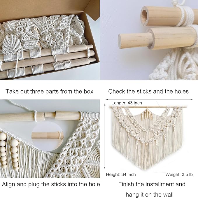 Achart Macrame Wall Hanging Large- Boho Wall Decor- large wall art- Wall Decor Living Room- Macrame Tapestry Boho Decor for Bedroom (Leaf &Wood Bead)