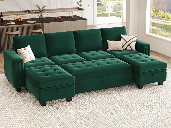 Belffin Modular Sectional Sleeper Sofa with Pull Out Bed Velvet Convertible U Shaped Sectional Sofa Couch with Storage Chaises for Living Room Green