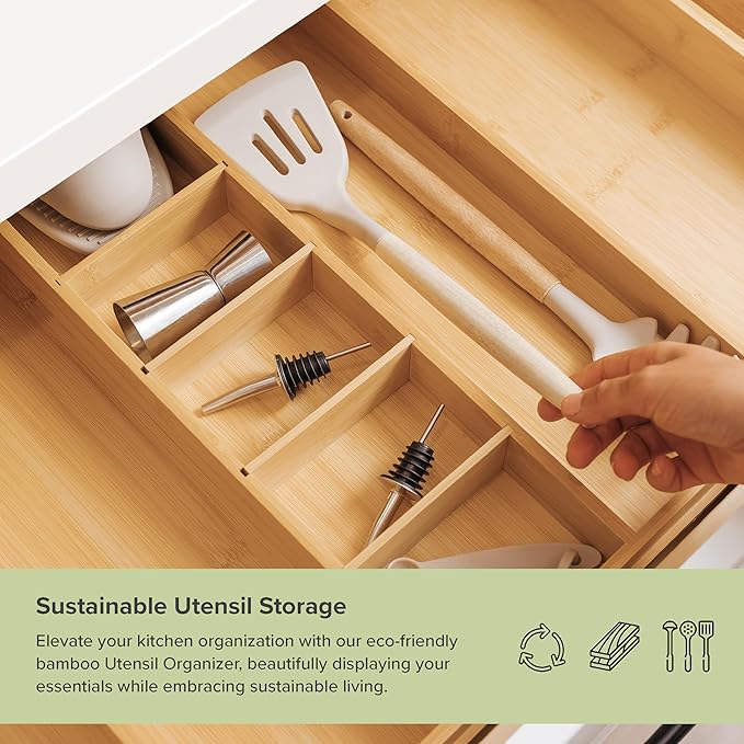 Adjustable Kitchen Drawer Organizer for Utensils and Junk, Food-Safe Contract Grade with 100% Sustainable Wood, Expandable from 16 to 28 Inches Wide - Natural Bamboo