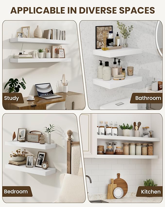 Marsmiles 72" Floating Shelves for Wall, Wooden Shelves with Invisible Brackets Set of 2, Rustic Farmhouse Wall Mounted Shelf for Kitchen Bathroom Living Room Study, White