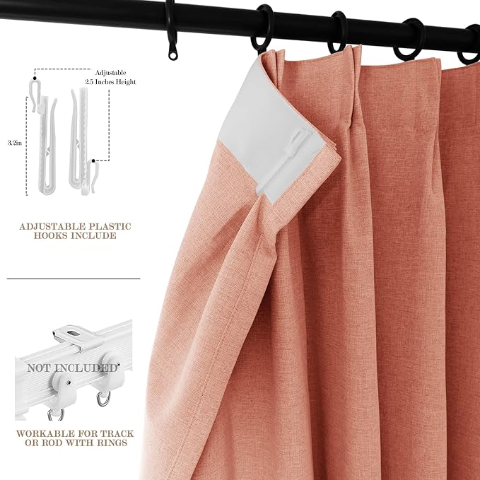 100% Blackout Linen Textured Drapes for Bedroom Pinch Pleated Curtains for Track System Portable Drapery for Sliding Glass Door/Storage/Space Room Divider, 70" Wx96 L, 1 PC, Orange