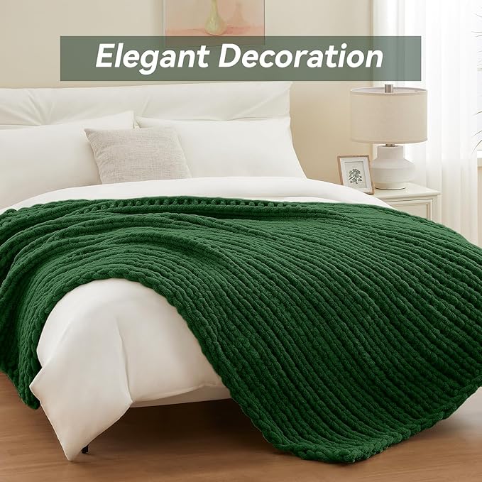 Chunky Knit Throw Blanket, 60''*80'' Knitted Throw Chenille Yarn for Bed Couch, Handmade Grass Green Crochet Big Thick Blanket, Machine Washable Cute Comfy Blanket for Home Decor