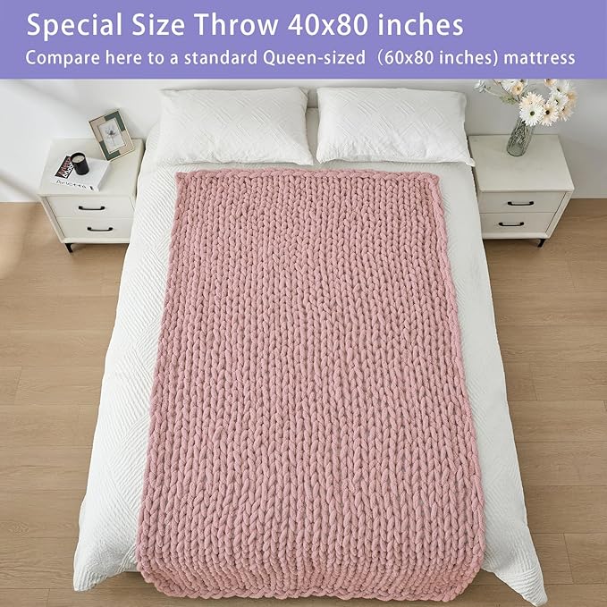 Bigacogo Chunky Knit Throw Blanket for Couch, 40x80 inches, 100% Hand Knitted with Thick Jumbo Chenille Yarn, Cozy Soft Large Rope Knot Cable Crochet Blankets for Sofa Bed Living Room, Dusty Pink