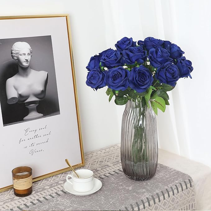 Blue Fake Roses Artificial Flowers - 10 Pcs Fake Artificial Roses Silk Flowers with Stems for Home Wedding Hotel Office Centerpiece Decor（Navy Blue）
