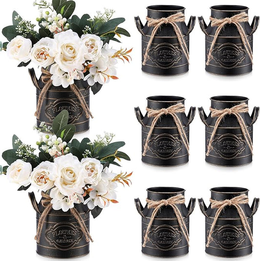 6 Inch Farmhouse Vase Decor Milk Can Vintage Flower Jug Galvanized Metal Vase with Handle Rustic Flower Buckets for Thanksgiving Christmas Table Centerpiece Weddings Gifts(Black,8 Pcs)