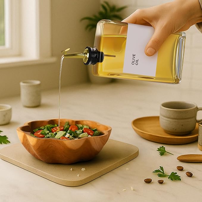 Olive Oil Dispenser Bottle - Includes 44 Kitchen Essential Labels - Cooking Oil Bottles for Kitchen, Coffee Syrup Dispenser - Pourer Spout with 11.8 fl oz Glass Container Cruet - 4pcs, Gold